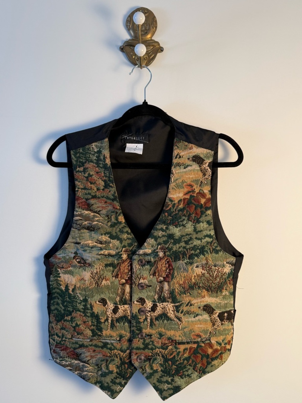 Vintage tapestry vest with hunting scene